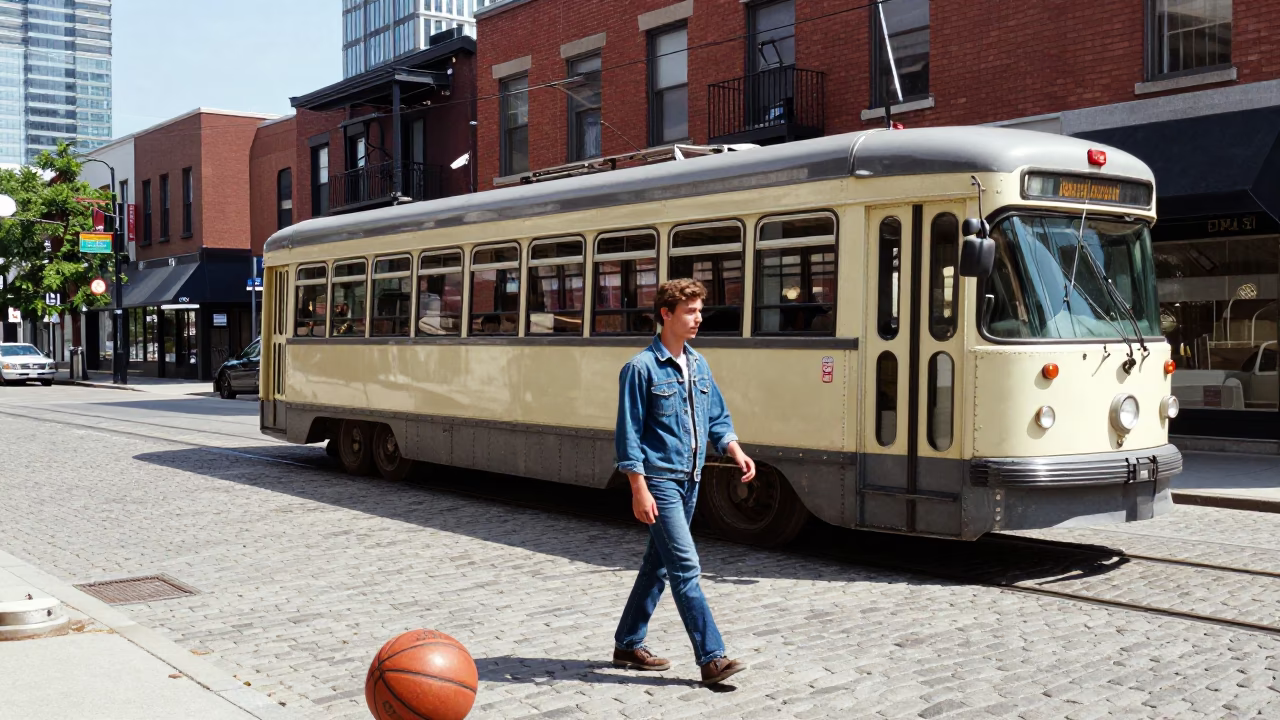 Vintage 1990s Toronto Street Scene with Leather Basketball and Heritage Streetcar in in Toronto, Ontario, Canada