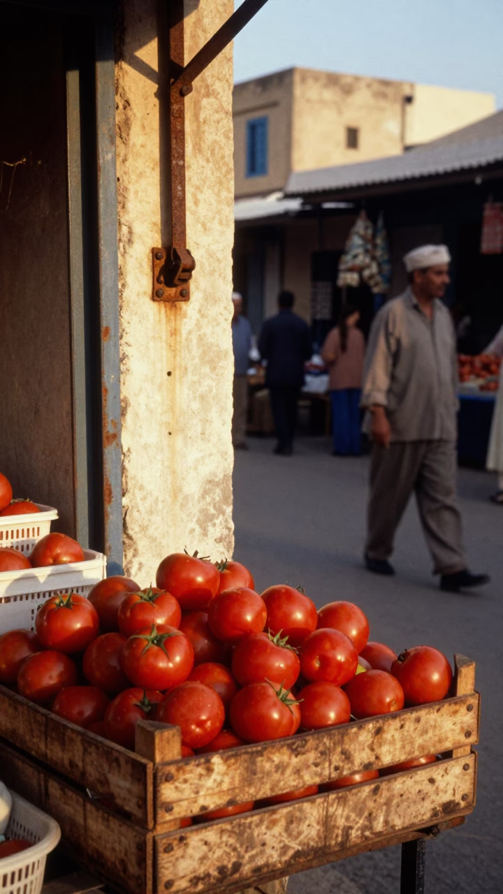 Vintage 1990s Tunisian Street Scene with Rusty Latch and Tomatoes in in Tunis, Tunisia