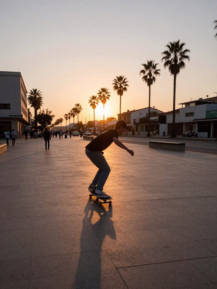 Vintage 1990s Valencia street scene with skateboarder and evening sunset light in in Valencia, Spain