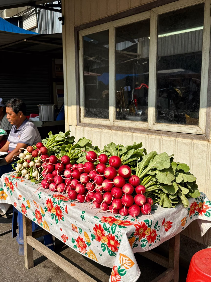 Vintage 2000s Bangkok street scene with radishes and window light on shelf bracket in in Bangkok, Thailand