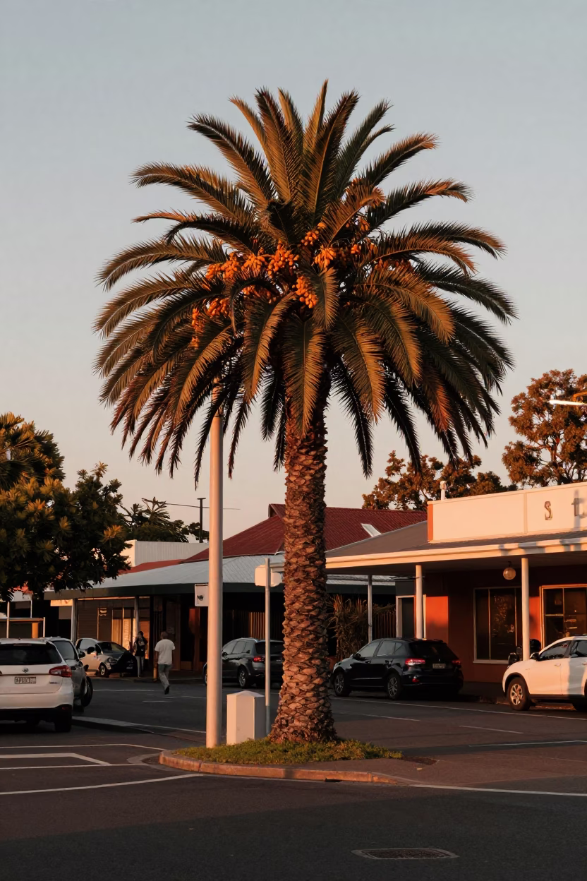 Vintage Adelaide Street Scene Before Dusk with Date Palm and Fruit Stall in in Adelaide, South Australia, Australia