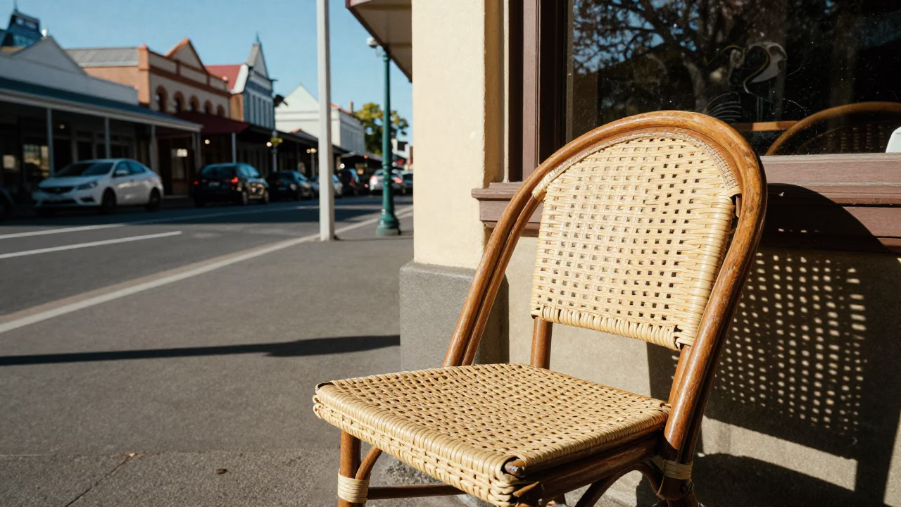 Vintage Adelaide Street Scene with Woven Cane Chair and Linen Curtains in in Adelaide, South Australia, Australia