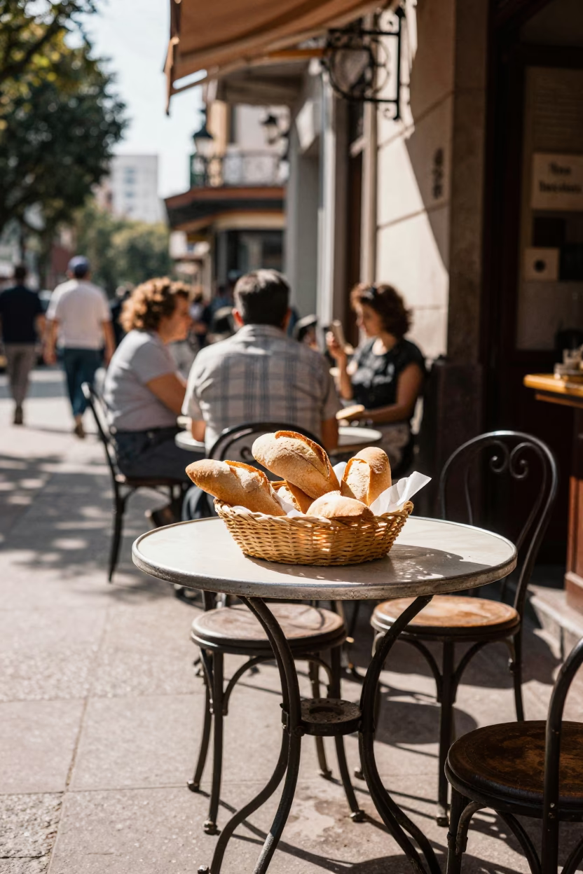 Vintage Afternoon Street Scene in Buenos Aires Argentina with Bread Loaves and Urban Architecture in in Buenos Aires, Argentina
