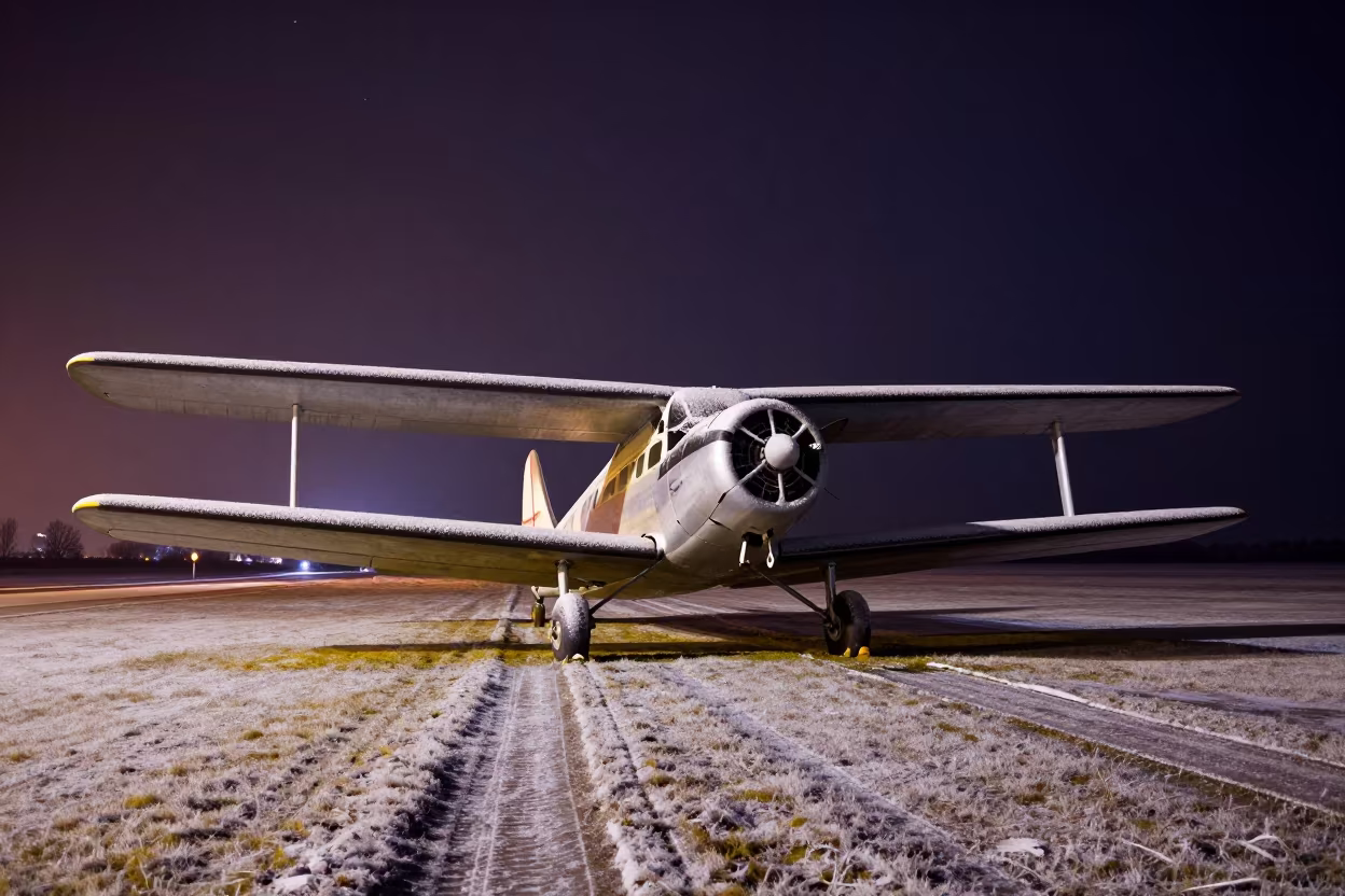 Vintage Airplane on Winter Grass Strip in on a wind-open causeway near Kielce