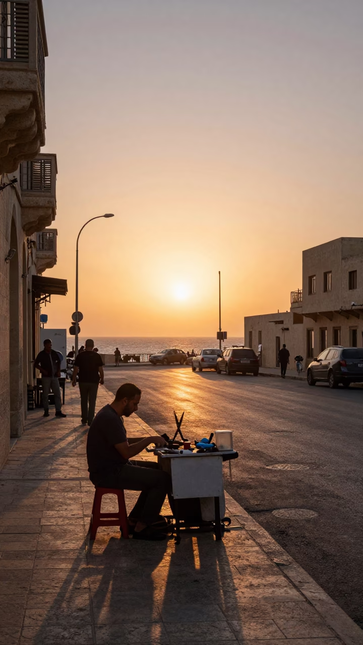 Vintage Alexandria Egypt Sunset Street Scene with Tailor Shears and Local Commerce in in Alexandria, Egypt