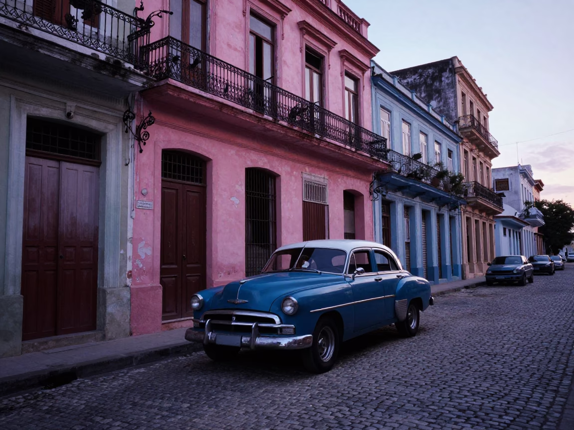 Vintage American Car and Cobblestone Street in Pre-Dawn Havana Cuba in in Havana, Cuba
