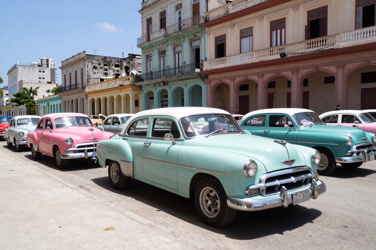 Vintage American Car Rally in Havana Cuba Under Noon Sun in in Havana, Cuba