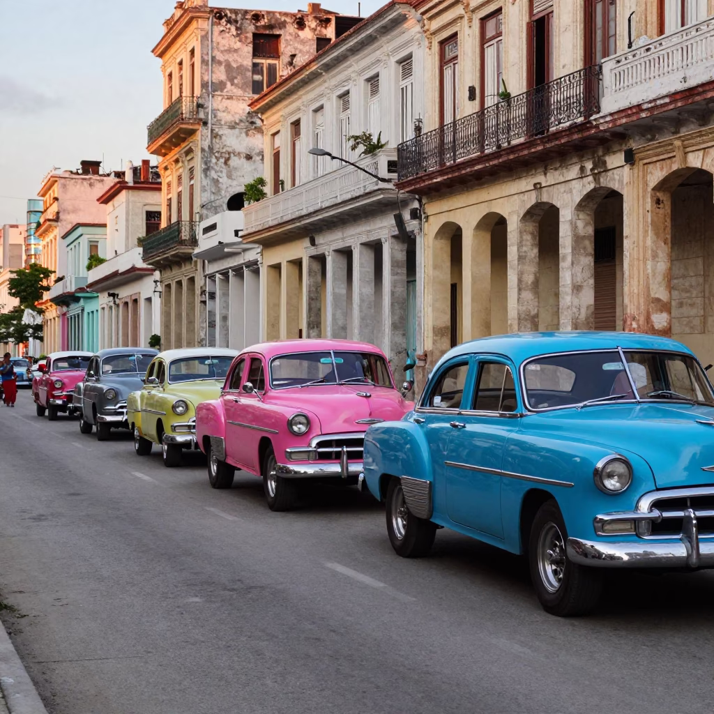 Vintage American Car Rally on Havana Street Early Evening Light in in Havana, Cuba