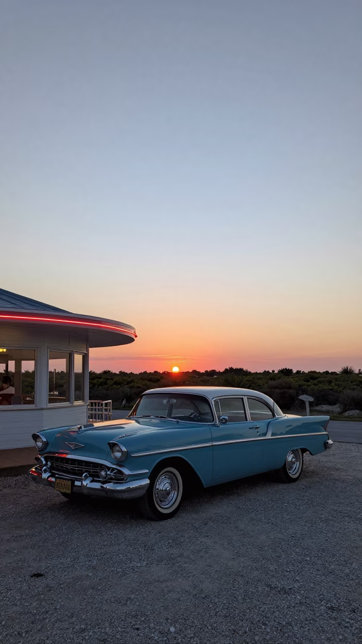 Vintage American Cars at Charleston Drive-In Diner Twilight Horizon in in Charleston, South Carolina, United States