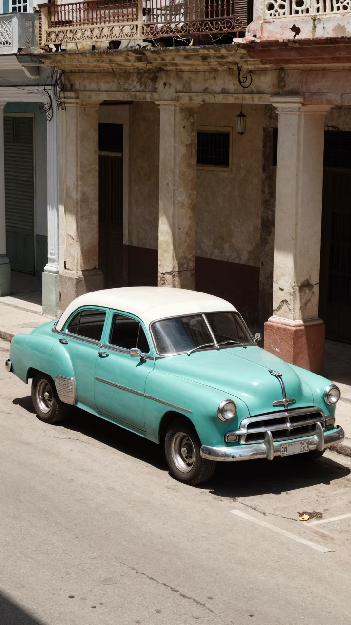 Vintage American Sedan Parked on Havana Street Under Flat Noon Sunlight in in Havana, Cuba