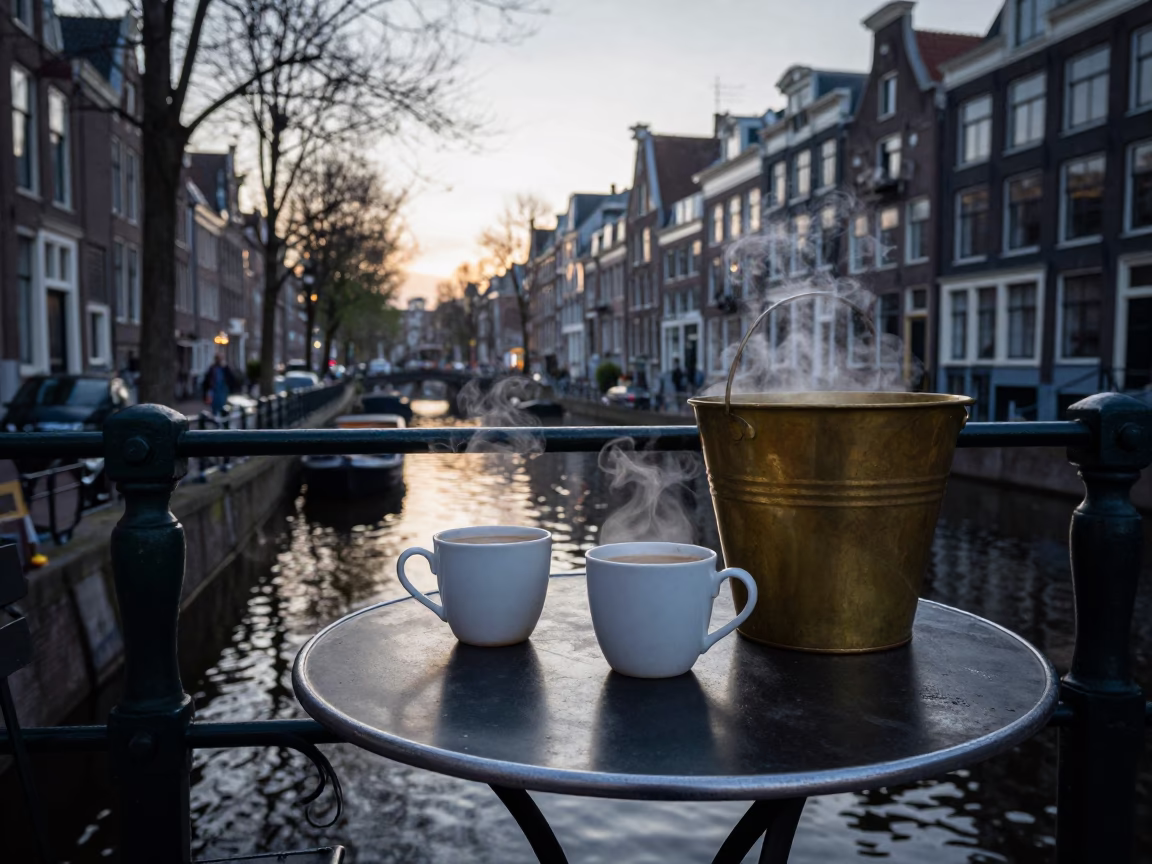 Vintage Amsterdam Morning Coffee Scene with Brass Bucket and Mugs Before Sunrise in in Amsterdam, Netherlands