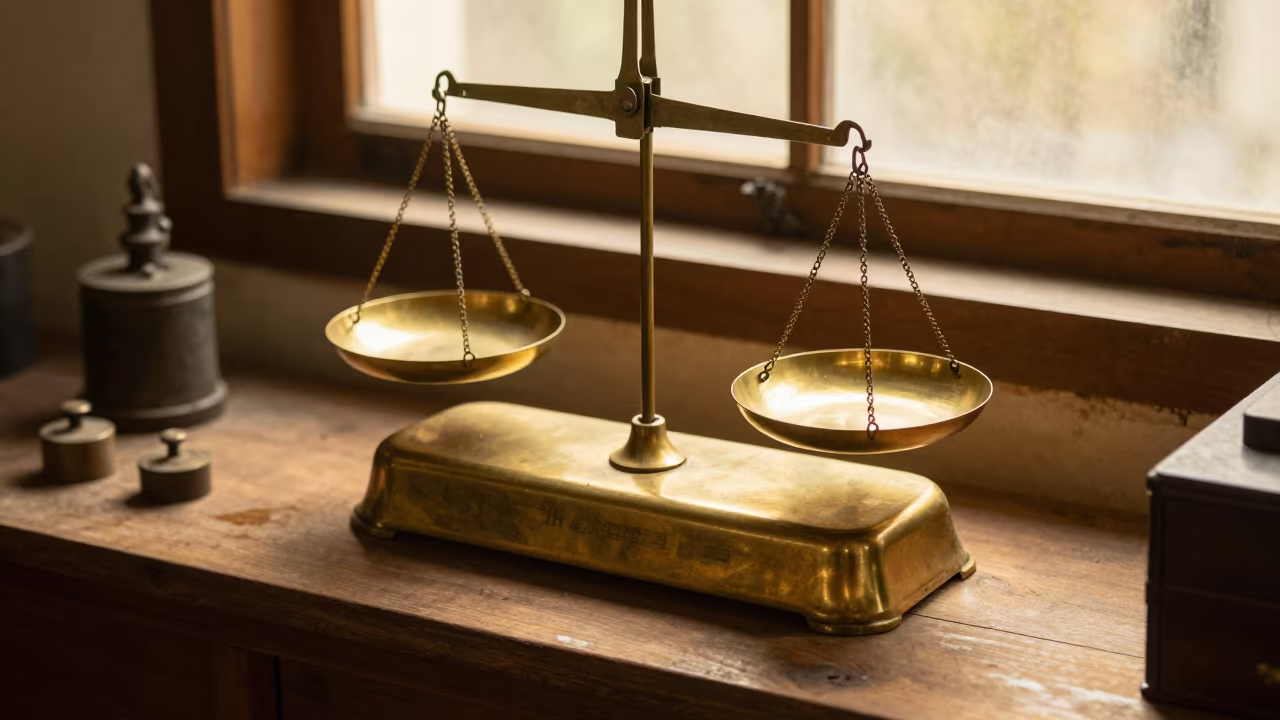 Vintage Apothecary Scale Golden Hour Workshop Changsha in on a workshop shelf in Changsha