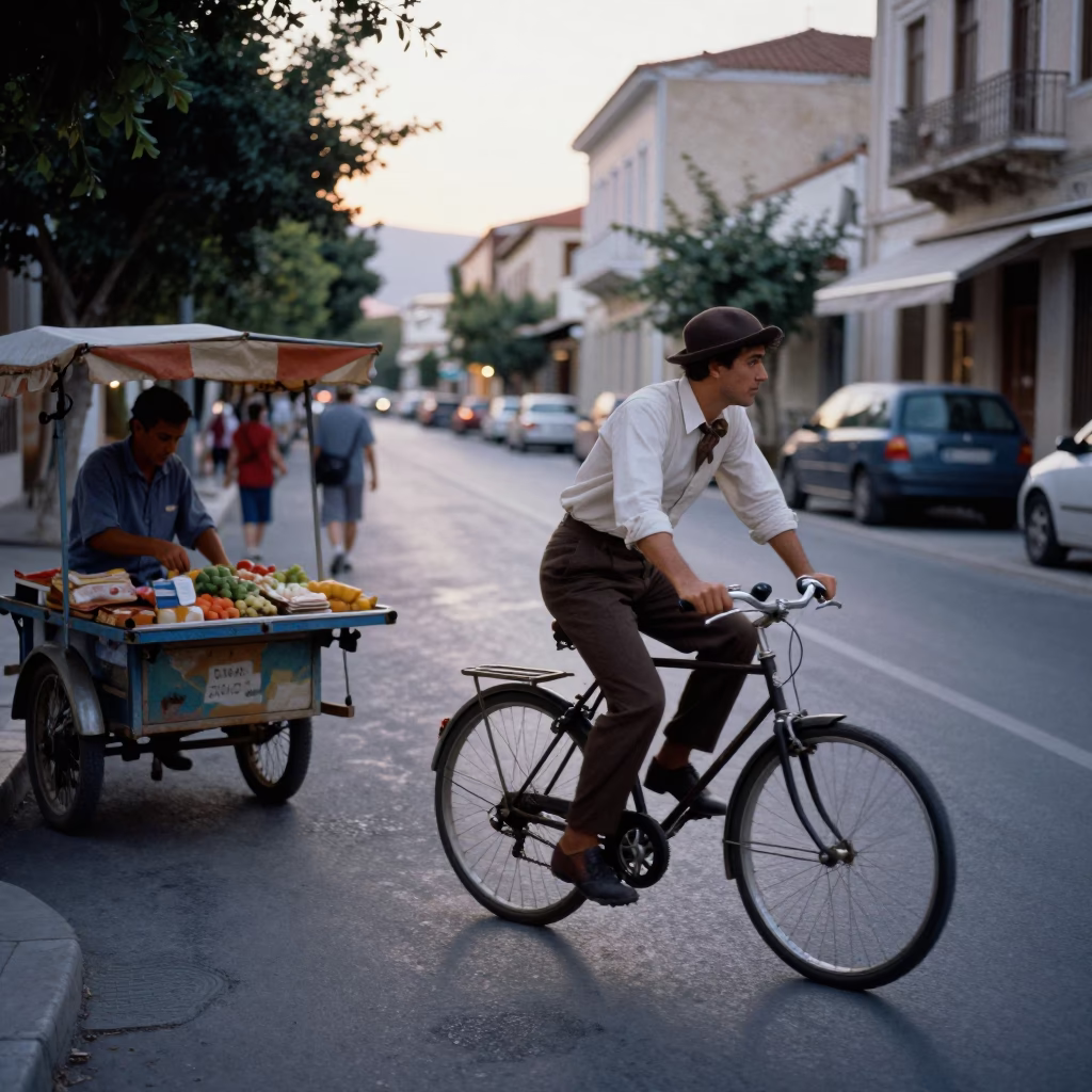 Vintage Athens Evening Street Scene with Cyclist and Urban Details in in Athens, Greece