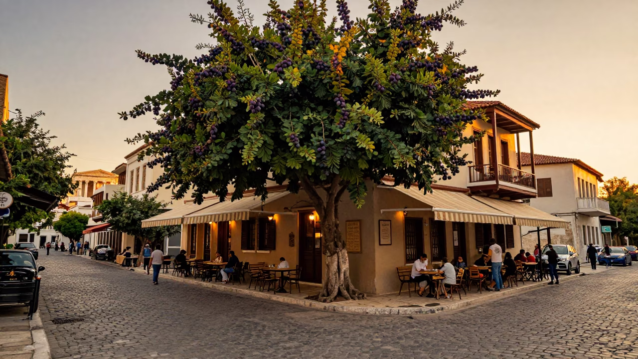 Vintage Athens Evening Street Scene with Fig Tree and Hotel Valet Stand in in Athens, Greece