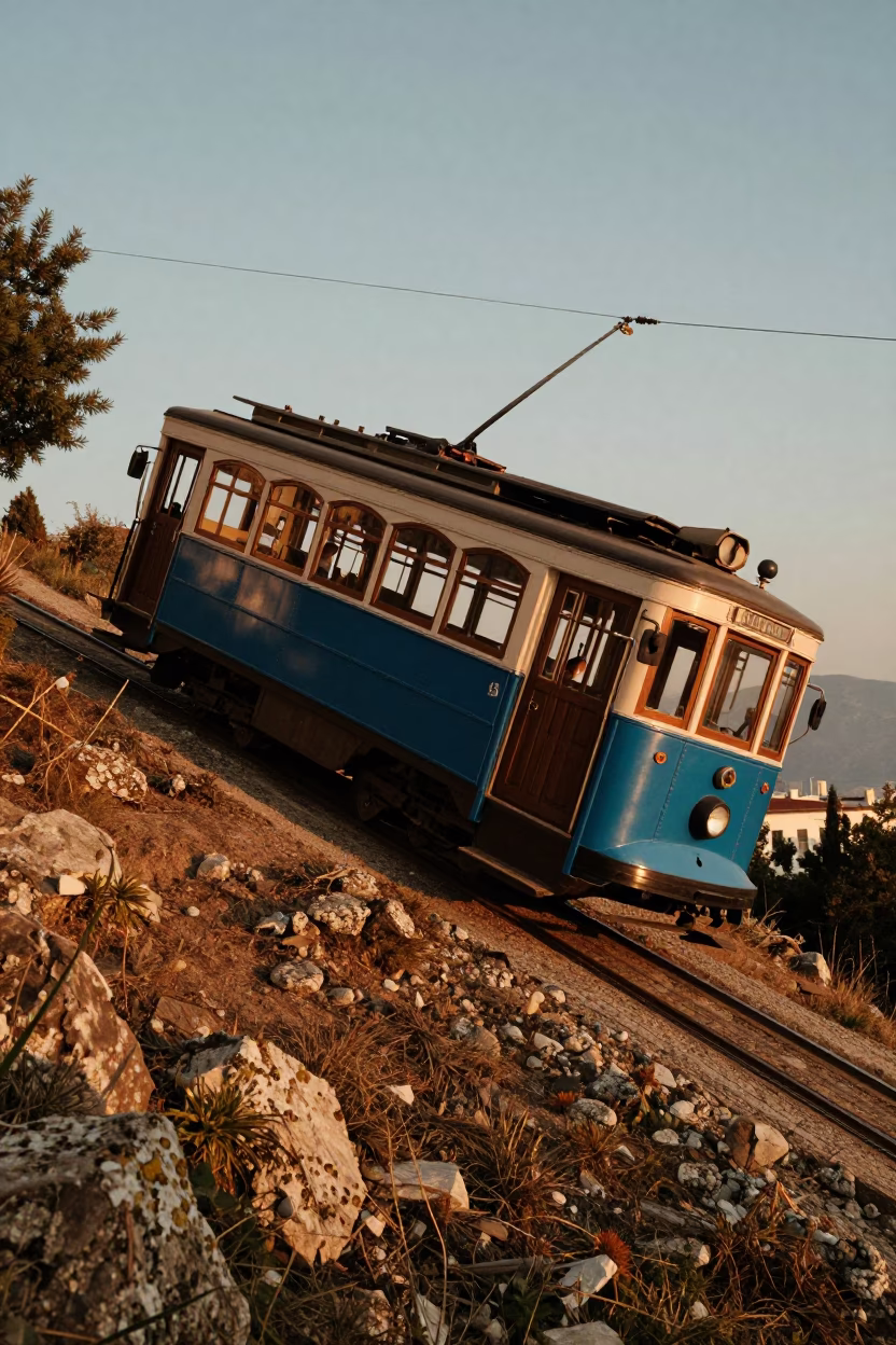 Vintage Athens Evening Tram Climbing Steep Hill with Lichen Parapets in in Athens, Greece