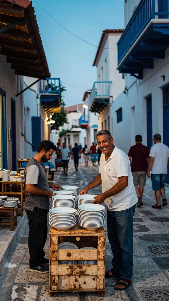 Vintage Athens Street Scene Evening Light with Blue White Porcelain and Local Interaction in in Athens, Greece