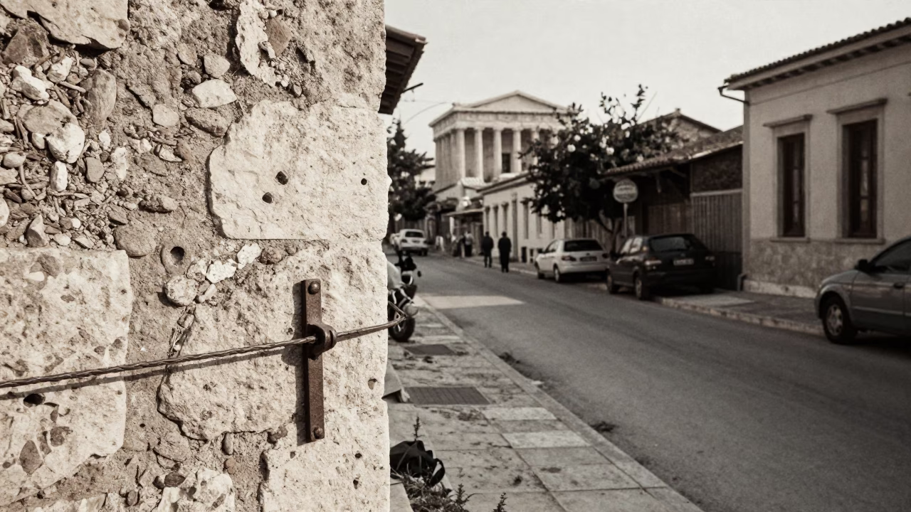 Vintage Athens Street Scene Late Morning with Turnbuckle and Glass Hinge Details in in Athens, Greece