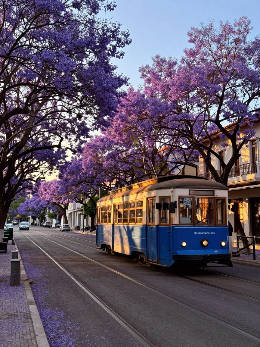 Vintage Athens Sunset Tramcar Passing Purple Jacaranda Blooms on Tree Lined Boulevard in in Athens, Greece