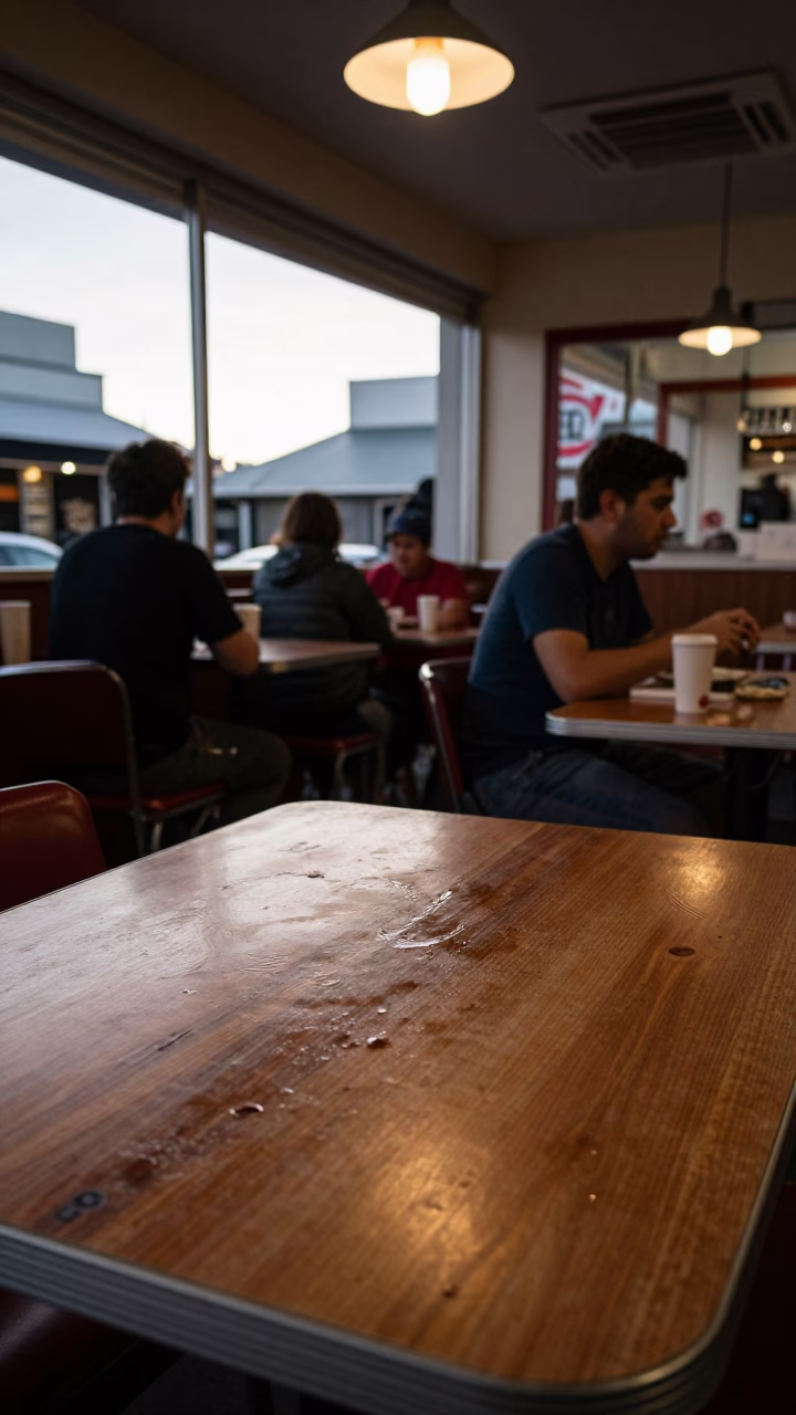 Vintage Auckland Diner Evening with Grease Sheen Tabletop and Safety Razor in Honeyed Light in in Auckland, New Zealand