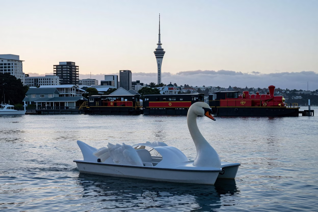 Vintage Auckland Harbor Dawn with Swans and Heritage Locomotive in in Auckland, New Zealand