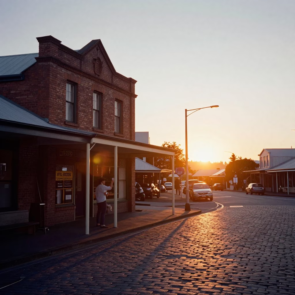 Vintage Auckland Street Scene at Sunset with Local Shopkeeper and Window Display in in Auckland, New Zealand
