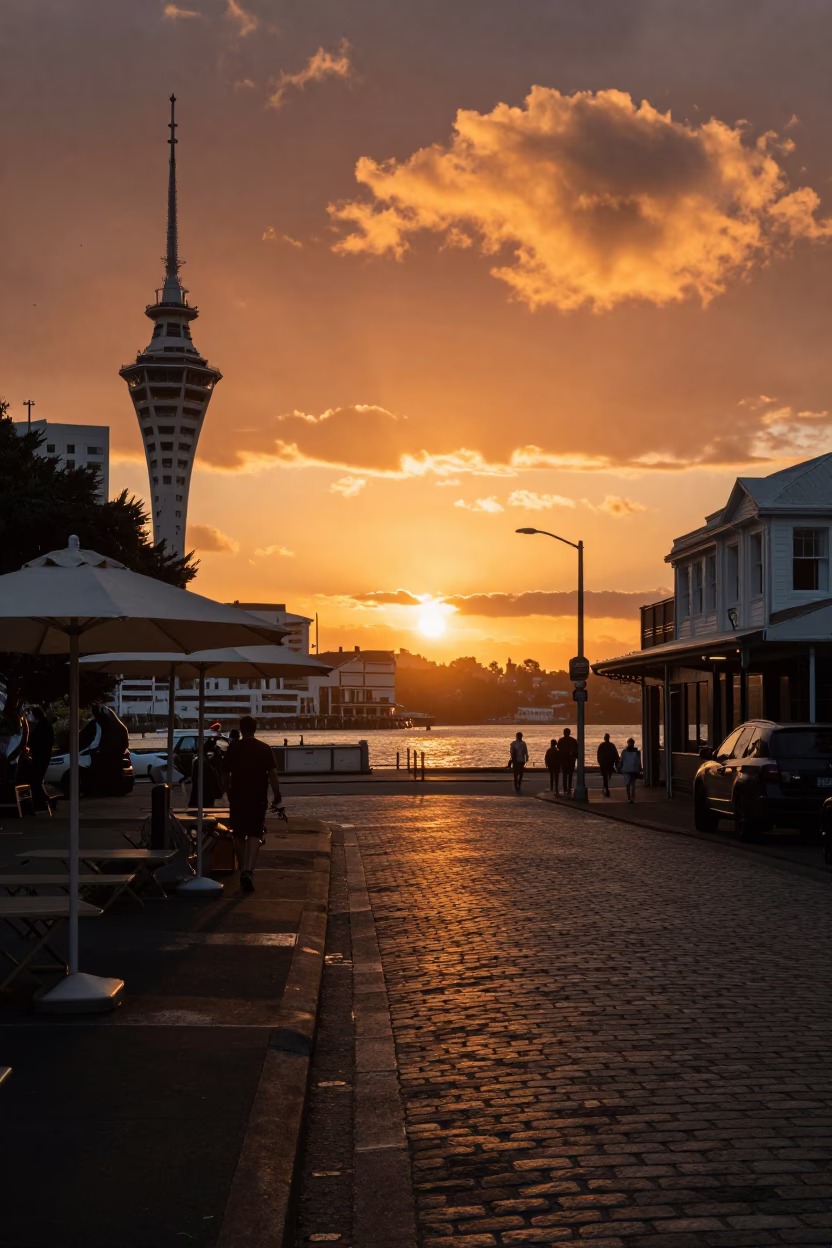 Vintage Auckland Street Scene at Sunset with Umbrellas and Fruit Stall in in Auckland, New Zealand