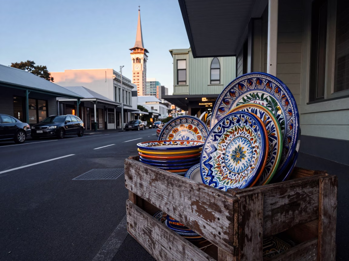 Vintage Auckland Street Scene Before Sunrise with Majolica Plates and Rusty Hinges in in Auckland, New Zealand
