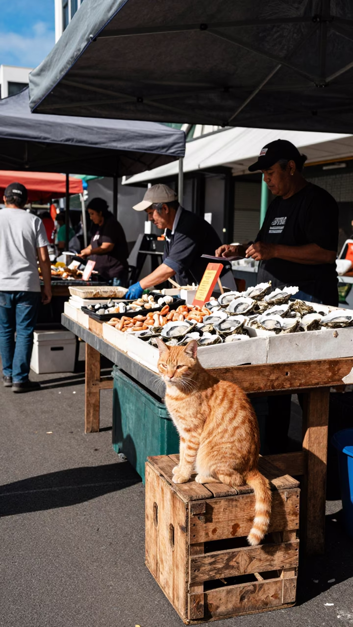 Vintage Auckland Street Scene with Orange Cat and Oyster Stall at Midday in in Auckland, New Zealand