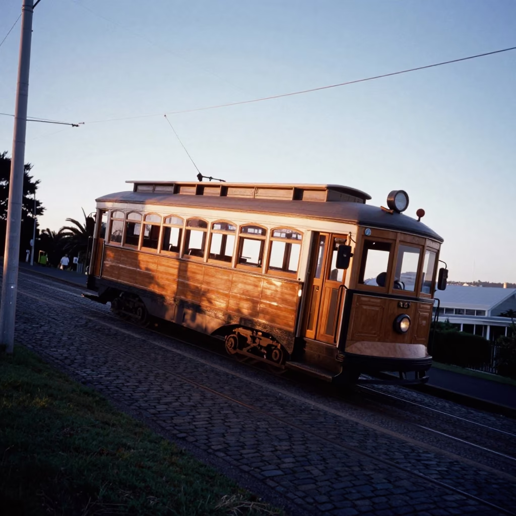 Vintage Auckland Tram Climbing Steep Hill at Dawn Before Sunrise in in Auckland, New Zealand