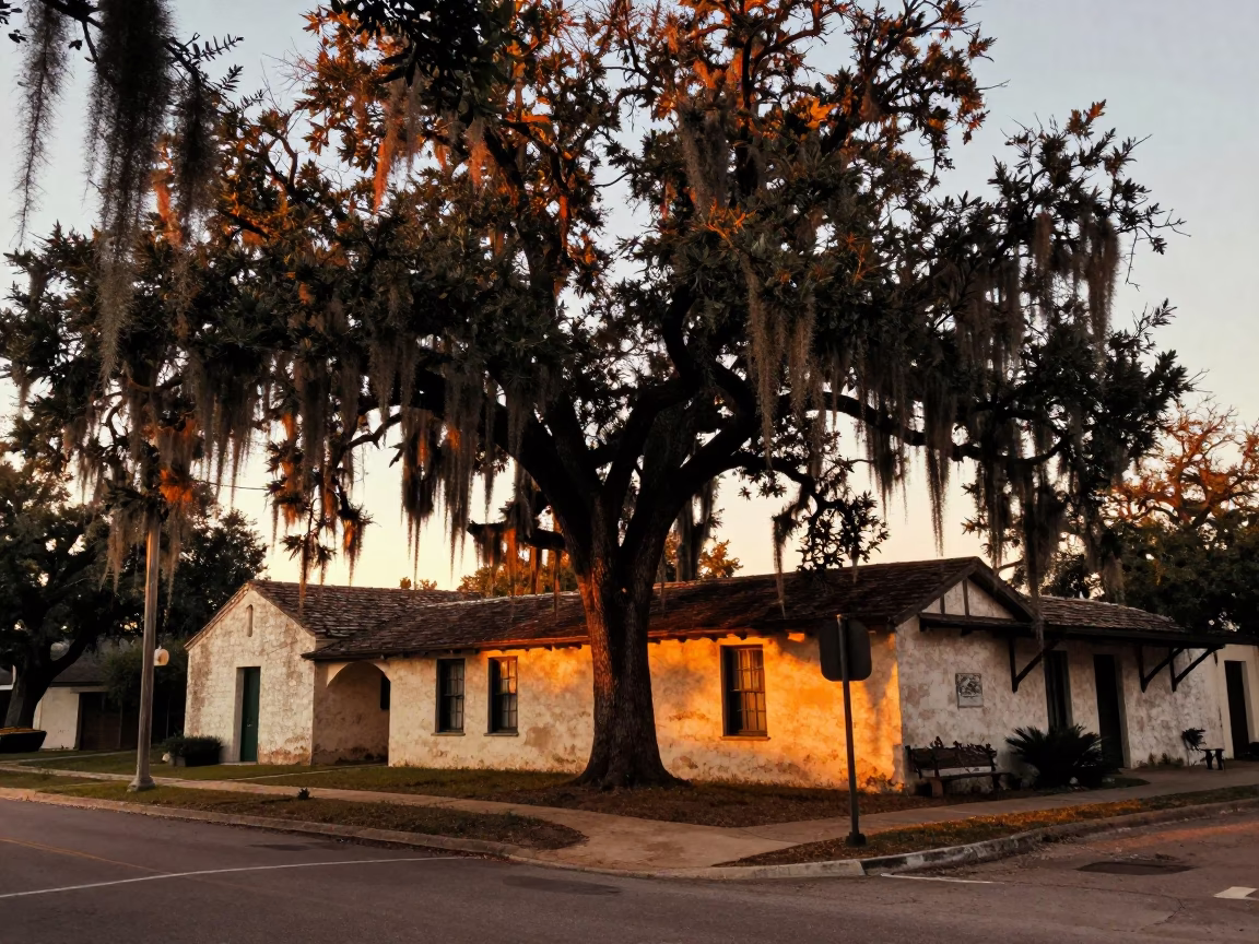 Vintage Austin Sunset Scene with Live Oak and Spanish Moss Near Downtown in in Austin, Texas, United States