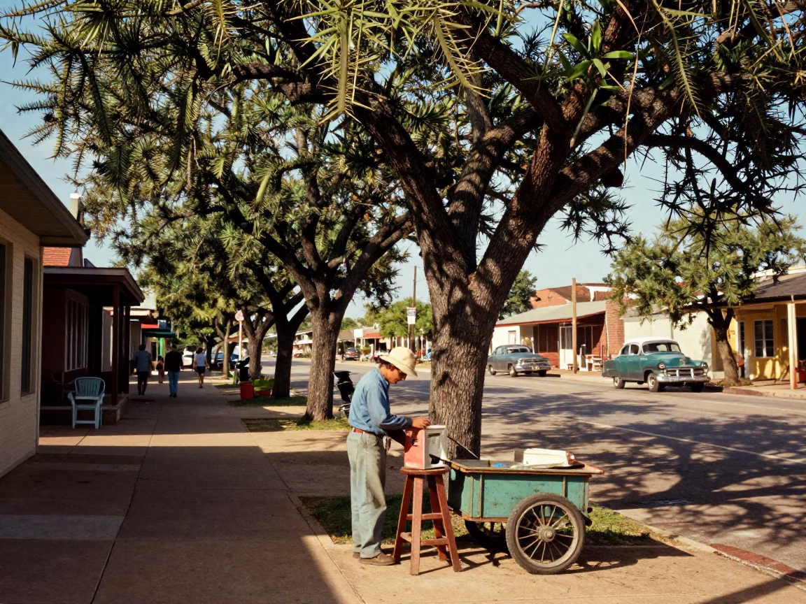 Vintage Austin Texas 1950s Street Scene with Monkey Puzzle Tree and Local Interaction in in Austin, Texas, United States