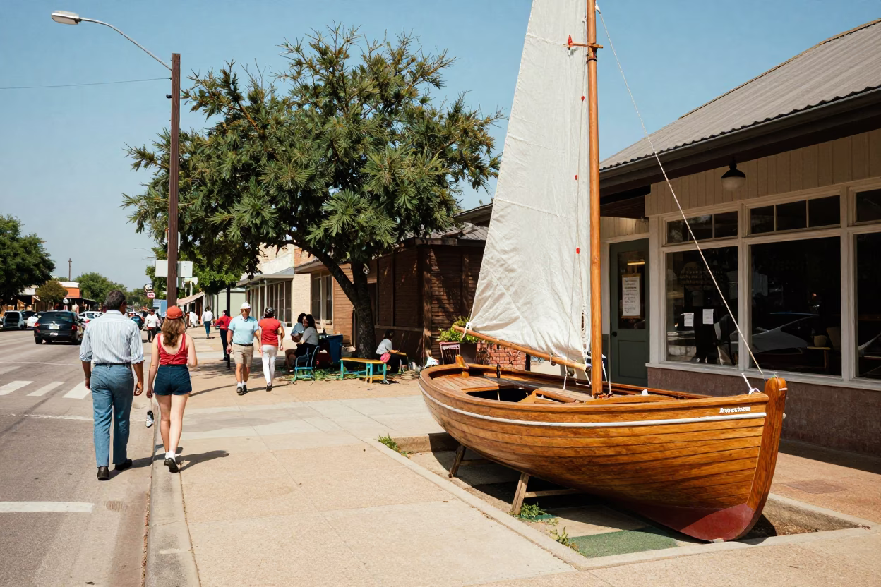 Vintage Austin Texas 1960s Street Scene with Wooden Sailboat and Local Life in in Austin, Texas, United States