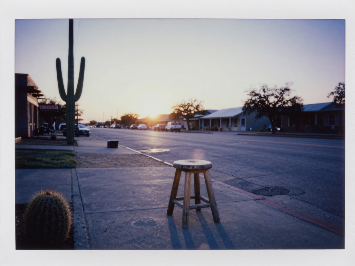 Vintage Austin Texas Dawn Street Scene with Barrel Cactus and Stool in in Austin, Texas, United States