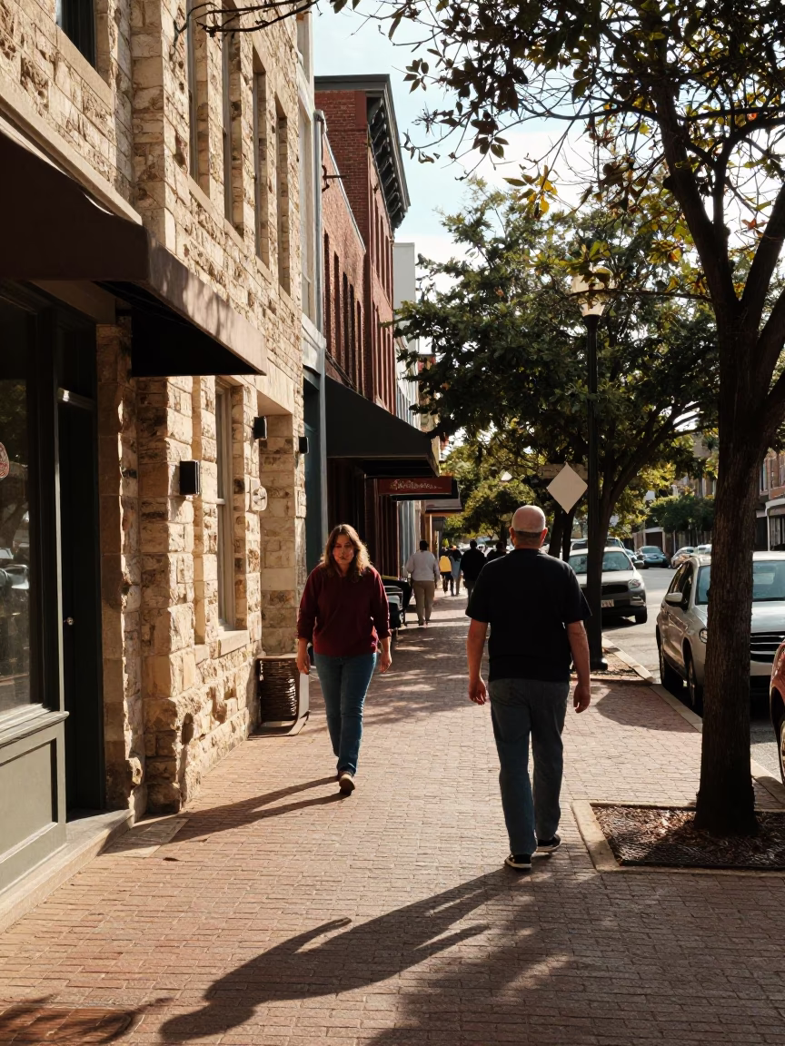 Vintage Austin Texas Early Afternoon Street Scene with Local Pedestrians and Classic Architecture in in Austin, Texas, United States