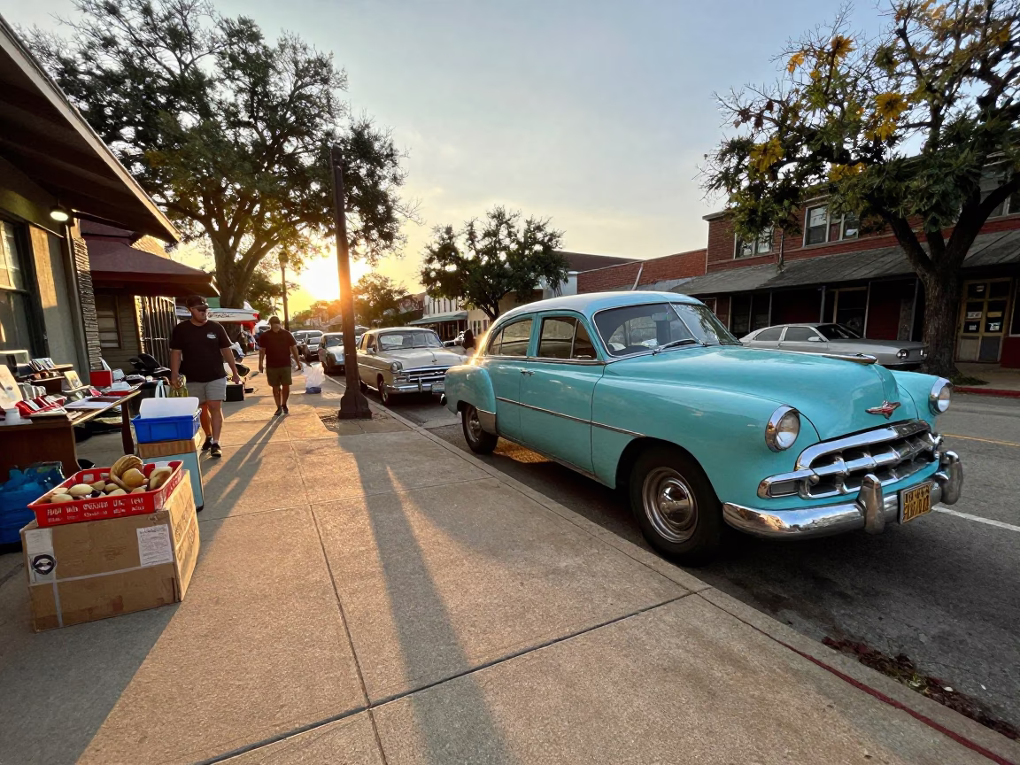 Vintage Austin Texas Golden Hour Street Scene with Local Market Goods in in Austin, Texas, United States