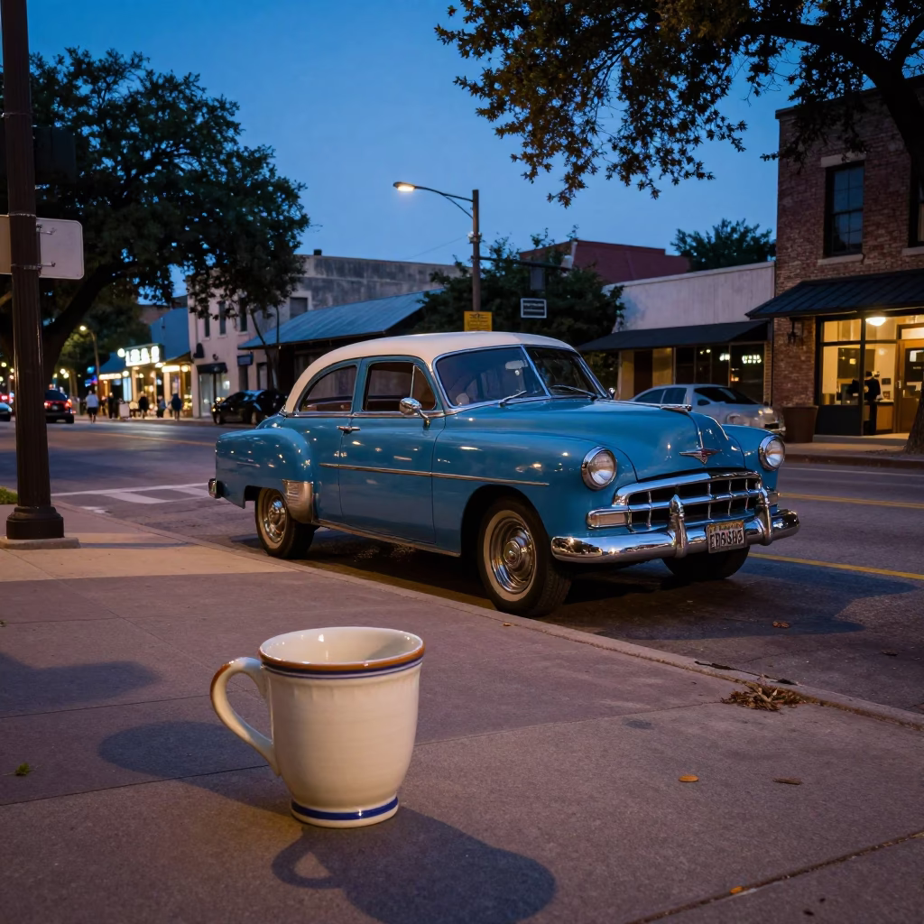 Vintage Austin Texas Indigo Twilight Street Scene with Ceramic Cup and Clear Glass Rail in in Austin, Texas, United States