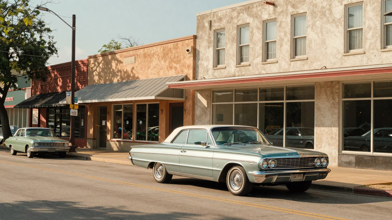 Vintage Austin Texas Late Morning Street Scene with Classic Cars and Historic Architecture in in Austin, Texas, United States