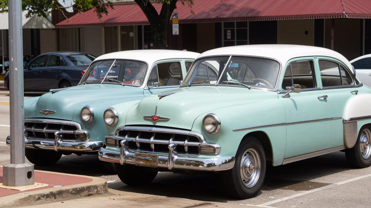 Vintage Austin Texas Midday Street Scene with Classic Car and Local Pedestrians in in Austin, Texas, United States