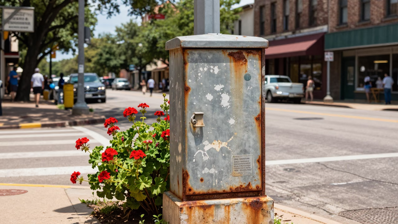 Vintage Austin Texas Midday Street Scene with Rust and Geraniums in in Austin, Texas, United States