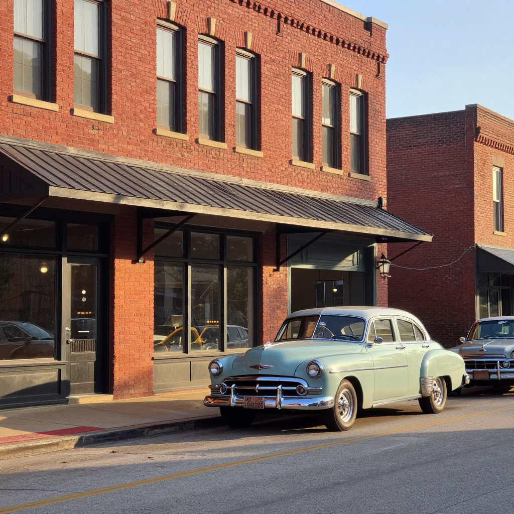Vintage Austin Texas Morning Street Scene with Classic Cars and Mid Century Architecture in in Austin, Texas, United States