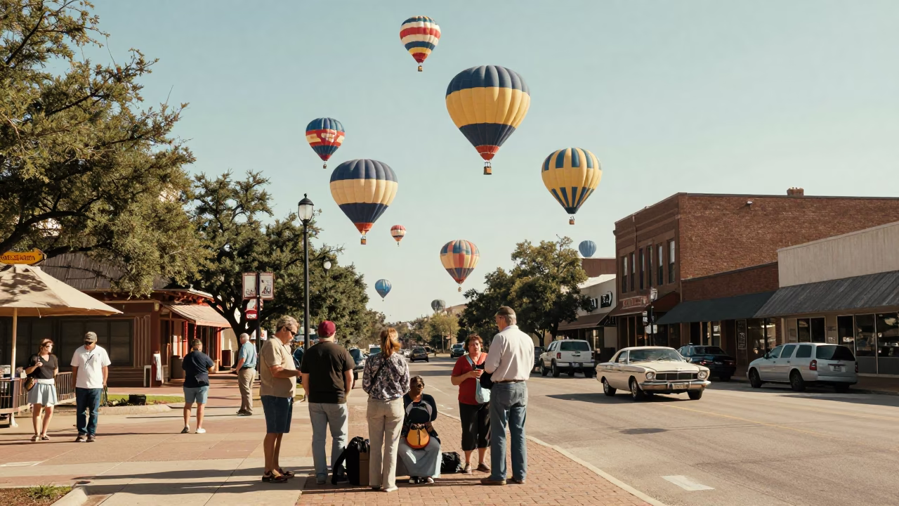 Vintage Austin Texas Noon Street Scene with Hot Air Balloons and Local Interaction in in Austin, Texas, United States