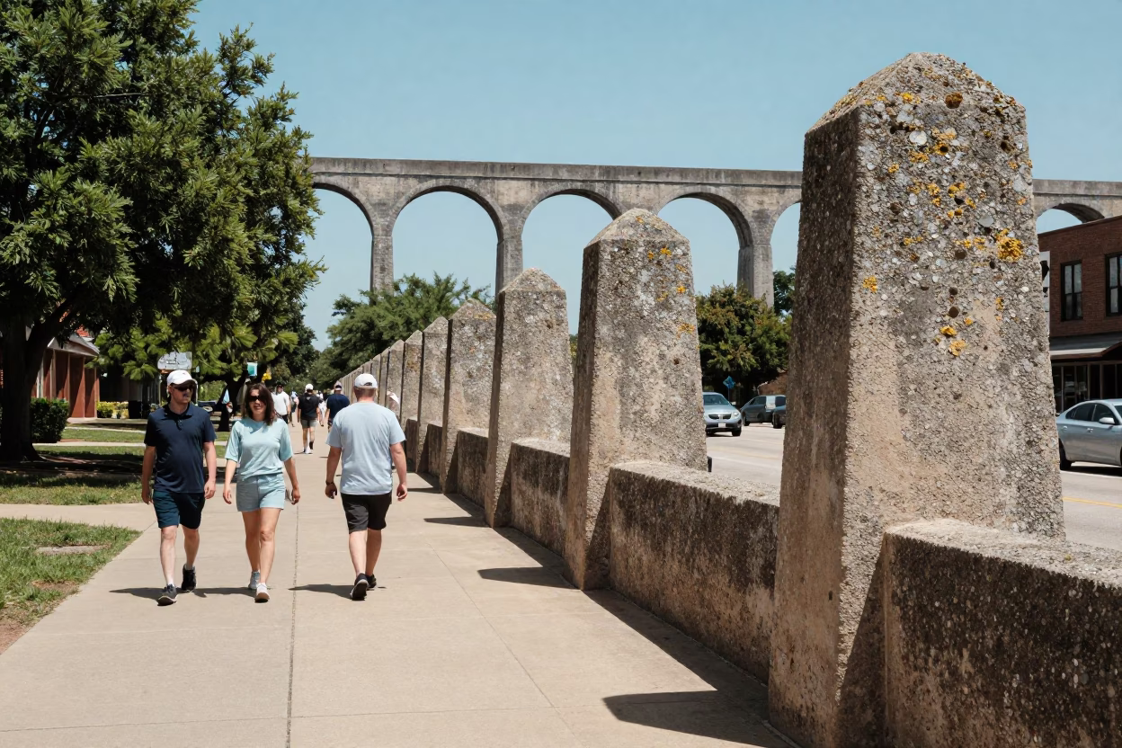 Vintage Austin Texas Noon Street Scene with Lichen Parapets and Local Pedestrians in in Austin, Texas, United States