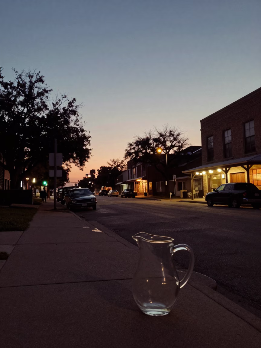 Vintage Austin Texas Pre-Dawn Street Scene with Glass Pitcher and Umbrellas in in Austin, Texas, United States