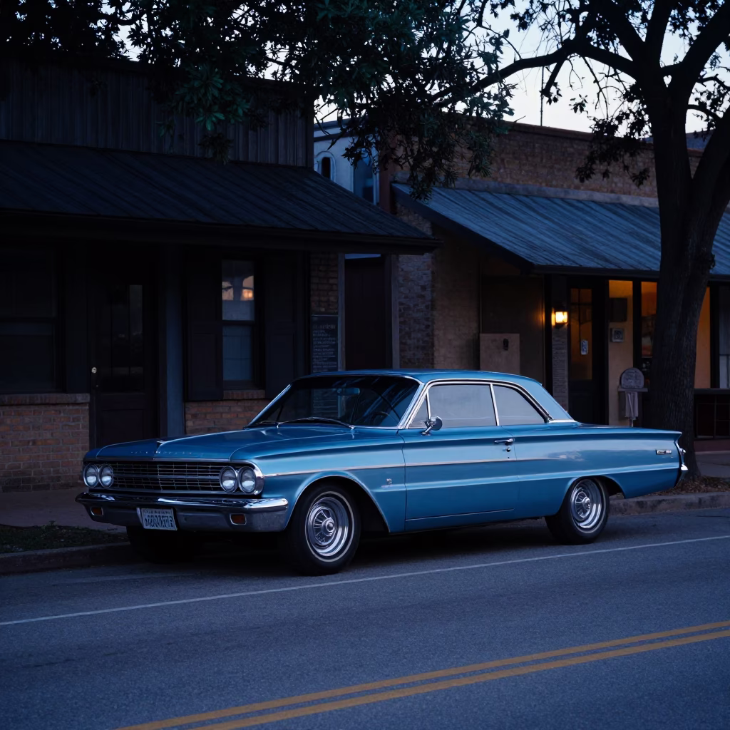 Vintage Austin Texas Street Scene Before Sunrise with Classic Car and Local Architecture in in Austin, Texas, United States