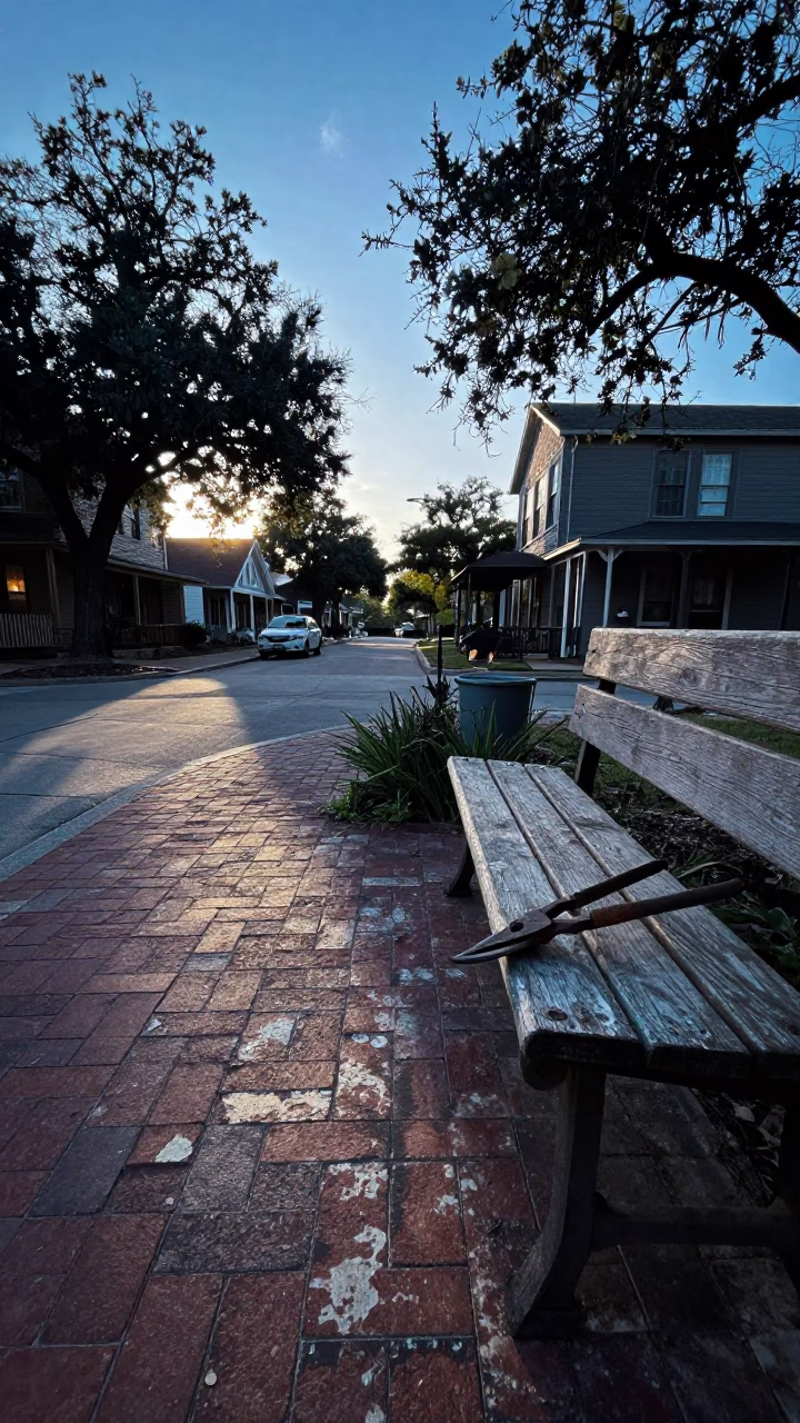 Vintage Austin Texas Street Scene Before Sunrise with Garden Shears and Terracotta Bowls in in Austin, Texas, United States