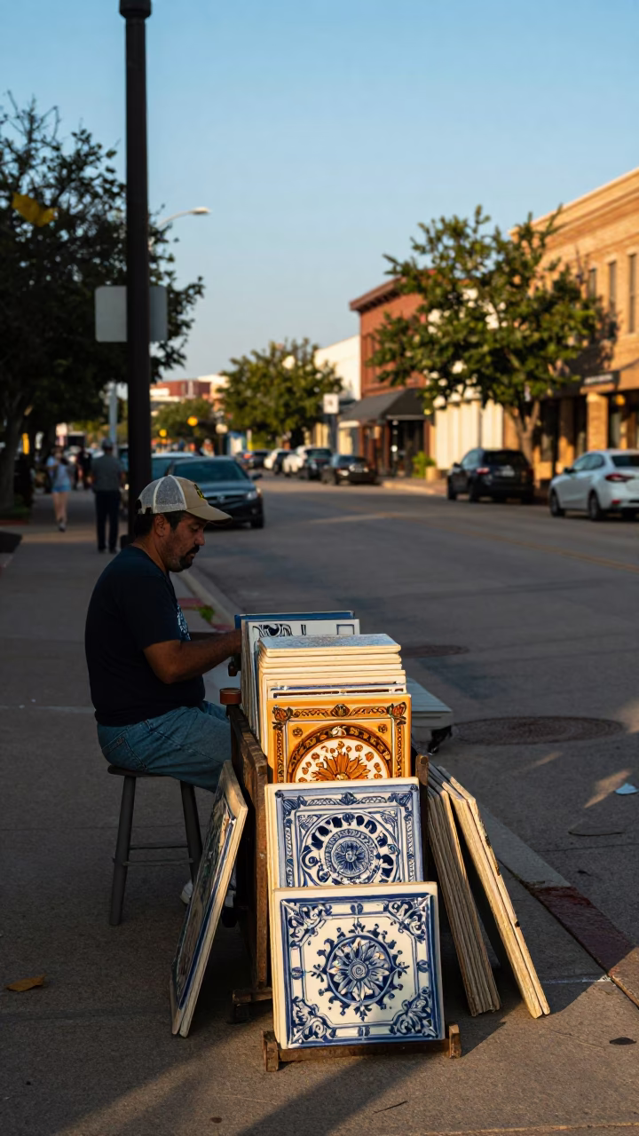 Vintage Austin Texas Street Scene Late Afternoon Light with Ceramic Tiles and Muffin Tin in in Austin, Texas, United States