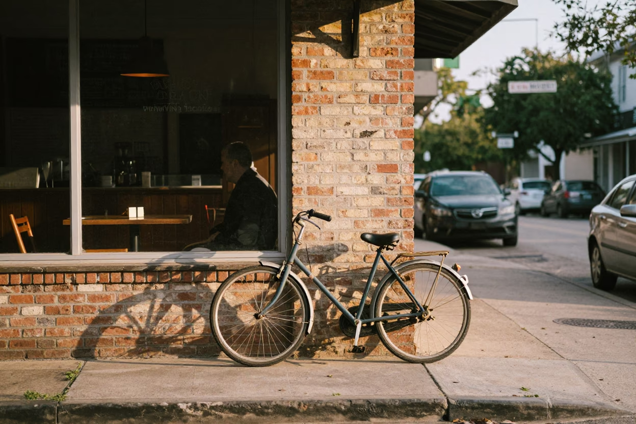 Vintage Austin Texas Street Scene with Bicycle and Cafe Exterior After Sunrise in in Austin, Texas, United States