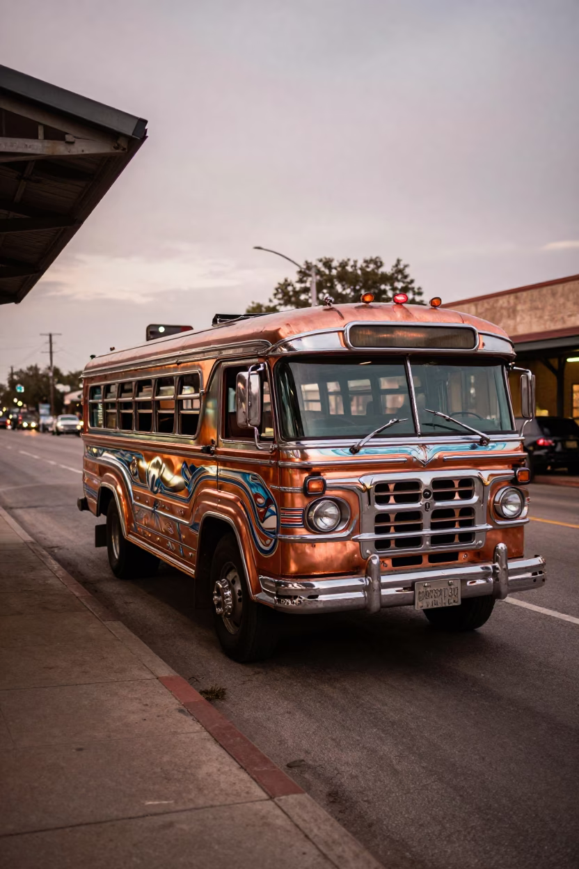 Vintage Austin Texas Street Scene with Jeepney Chrome Art and Copper Dusk Light in in Austin, Texas, United States