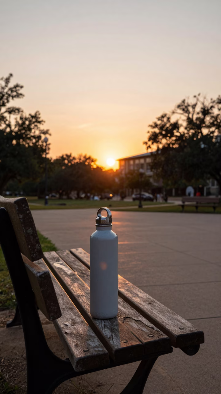 Vintage Austin Texas Sunset Scene with Water Bottle on Park Bench in in Austin, Texas, United States
