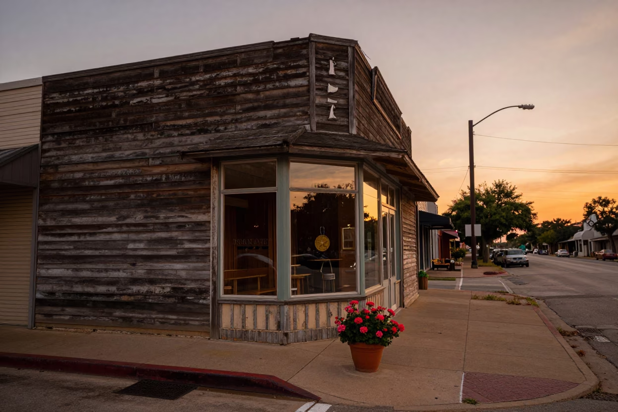 Vintage Austin Texas Sunset Street Scene with Potted Geraniums and Historic Architecture in in Austin, Texas, United States